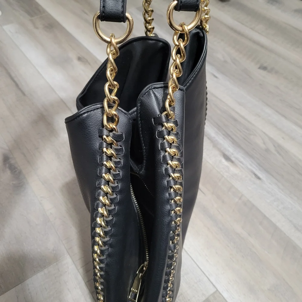 Bebe Colette Triple Entry Black Hobo Bag/Satchel Gold Chainlink Hobo Bag